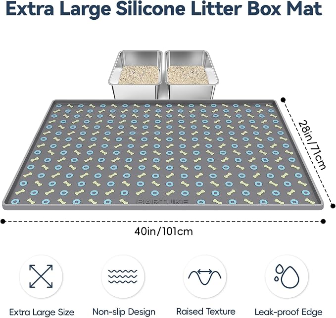 Silicone Cat Litter Mat 40" x 28" Cat Mat for Litter Box, Dark Grey | Extra Large Litter Box Mat, Waterproof Cat Litter Trapping Mat, Non-slip, Leakproof Kitty Litter Mat with Bone Pattern - Image 2