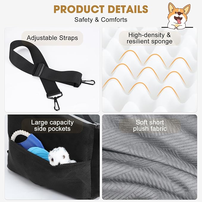 JOEJOY Dog Car Seats for Small Medium Dogs Under 35lbs, Dog Booster Seat with Detachable Washable Cover and Cushion, Memory Foam Pet Car Seat with Safety Belt and Storage Pockets (BLG) - Image 7