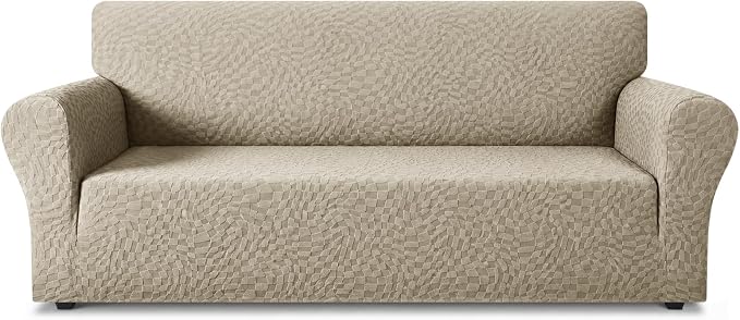 ZNSAYOTX 1 Piece Stretch Sofa Covers for 3 Cushion Couch (72"-90"), New Plaid Couch Cover with Non-Slip Buckle for Dog Pets, Ultimate Soft Cozy Washable Sofa Slipcover Form Fit Protector, Khaki by ZNSAYOTX