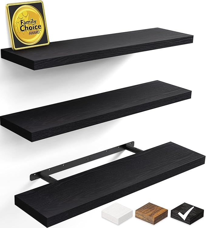 BAYKA Black Floating Shelves 35.4in, Set of 3, Wall Mounted for Wall Decor | Easy Install, 30lbs Max Load, Hidden Bracket, Shelving for Bathroom Bedroom Kitchen Display Storage, Multi-Wall Compatible by Bayka