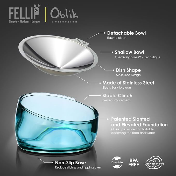 Felli Pet Oblik Whisker Fatigue Cat Food Bowl Raised Stainless Steel Shallow Dish, Pet Design Anti Vomit Tilted Metal Plate Feeder Elevated Acrylic Base(Sapphire, 0.5 Cups Shallow Dish) - Image 2