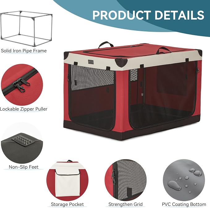 PETSFIT 36" Soft Portable Dog Crate – Patented Spiral Sturdy Frame, Collapsible Travel Kennel for Medium & Large Dogs, 3 Mesh Door, Lockable Zippers, Indoor & Car Use Red - Image 5