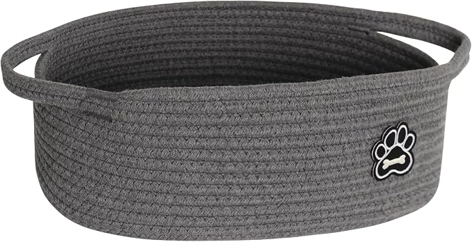 Small Dog Toy Basket, Soft Cotton Rope Dog Cat Toy Bin, Woven Storage Holder for Living Room Nursery, Cats Pet Gift Basket Empty, Decorative Wicker Storage Box with Handle, 13"x 9"x 5" (Grey) by Unknown