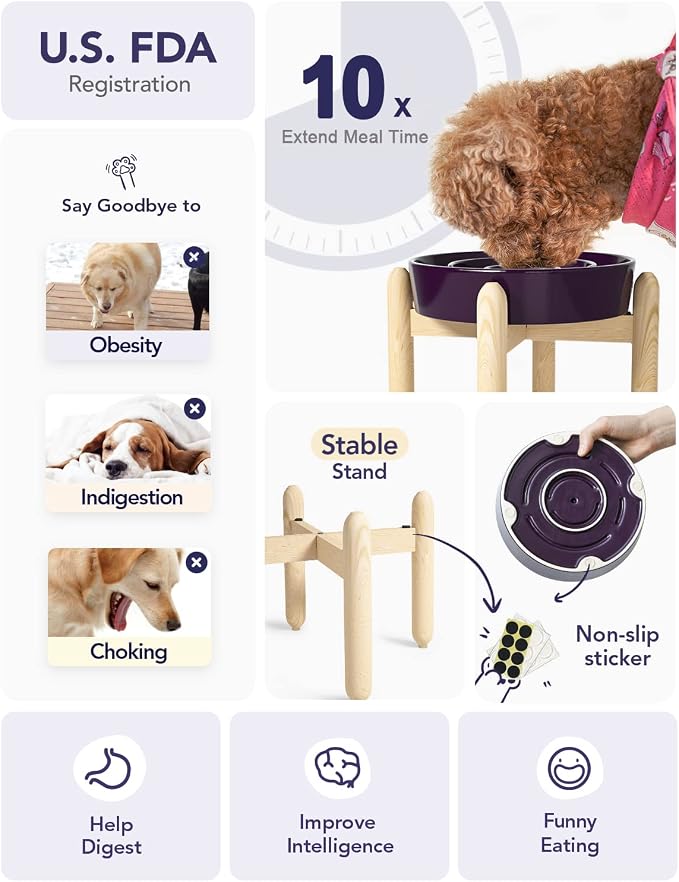 LE TAUCI Ceramic Slow Feeder Dog Bowls Elevated, 3 Cup Raised Bowl with Wooden Stand for Medium Large Breed, Slow Down Eating, Puzzle Dog Food Bowl, Maze Purple - Image 3