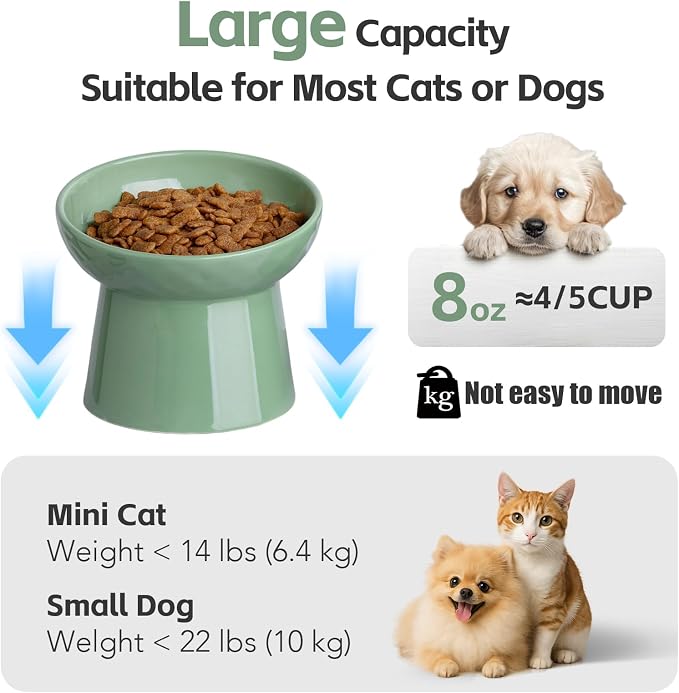YauYik Raised Cat Bowl, Elevated Cat Food Bowls with Tilted Angle, Stress Free, Anti Vomiting, Ceramic Water Bowl for Cats Small Dogs Feeding Dish, 8 Ounces (Green-2) - Image 2