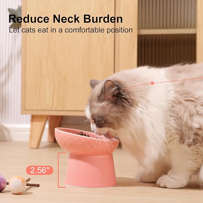YauYik Small Raised Cat Bowls, Ceramic Tilted Elevated Food or Water Bowls, Stress Free, Backflow Prevention, Dishwasher & Microwave Safe, Lead & Cadmium Free, Pink - Image 2