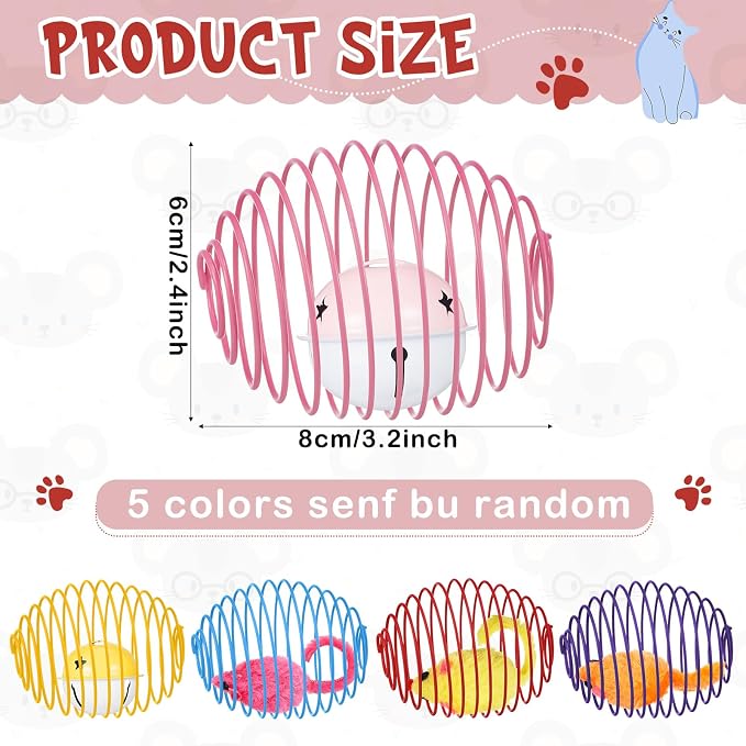 Jecery 5 Pcs Cat Toys Spring,Mouse and Bell,Multicolor | Interactive Metal Cat Toy, Stretchable Rolling Ball, for Indoor Cats, Colorful Playful Coils, Kitten Pet Supplies - Image 2