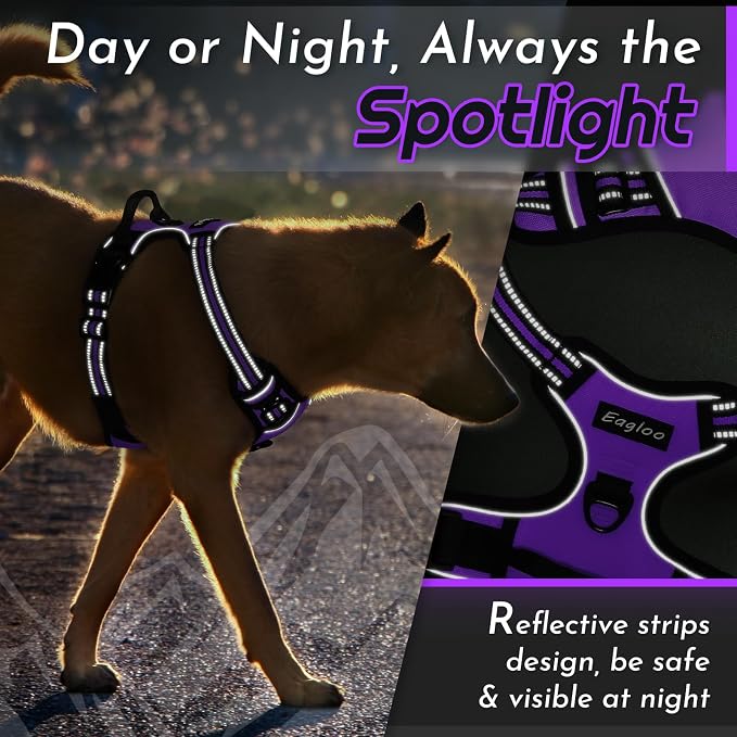 Eagloo Dog Harness for Large Dogs, No Pull Pet Vest with 2 Leash Clips | No Choke with Handle, Adjustable Comfort Fit, Reflective Strips, Easy Walking Control, Purple, Large - Image 7