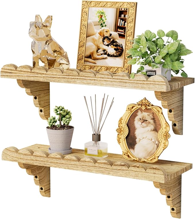 Scalloped Wood Wall Shelf – 17 Inch Floating Shelf with Wood Brackets, Easy to Install Rustic Wall Shelf for Living Room, Bedroom, Bathroom, or Any Space - Light Brown by QsQueen