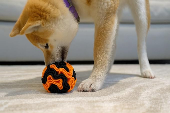 Glory To Dog Puppy/Small Breed Snuffle Dog Puzzle Ball Toy Orange and Black | Halloween Interactive fleece snuffleball hides treats at variable depths. Puzzle engages smell & foraging. Machine wash 4" - Image 2