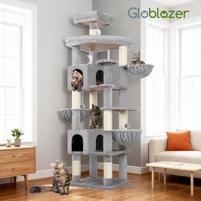 Globlazer Extra Large Cat Tree Tower, 82in Tall Heavy Duty Cat Tree for Indoor Cats Large Adult Big Cat Tower with 8 Scratching Posts, 2 Cat Condos, 2 Top Perches, 3 Hanging Baskets, S82, Light Grey - Image 8