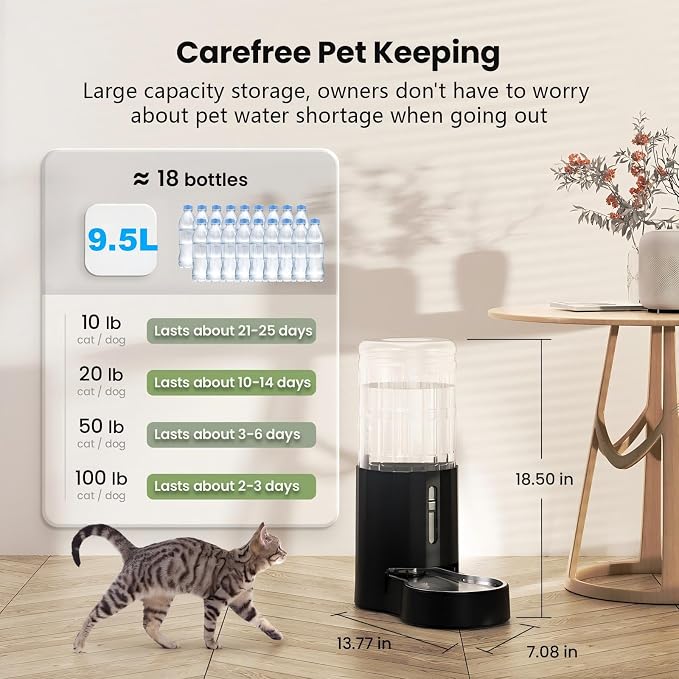 CZPET 2.5 Gallon Dog Water Bowl Dispenser with Filter (9.5L,Black) | With Stainless Steel Bowl Gravity Waterer, Large Capacity and Drinking Area Noise-Free for Pets - Image 5