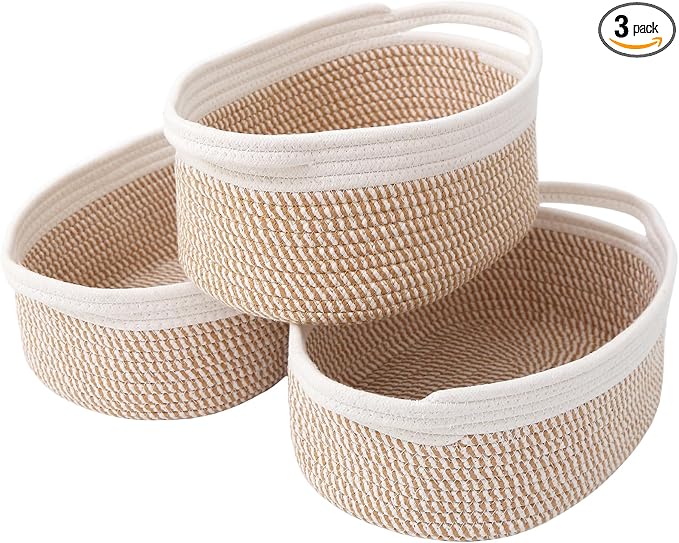 JMvicyroam Small Woven Basket, Empty Gift Basket, White&Brown Block/3 Pack | Small Gift Basket, Cotton Rope, 12 x 8 x 86 in, Handles, Includes Ribbon and Bag, Birthday Gift Basket by JMvicyroam