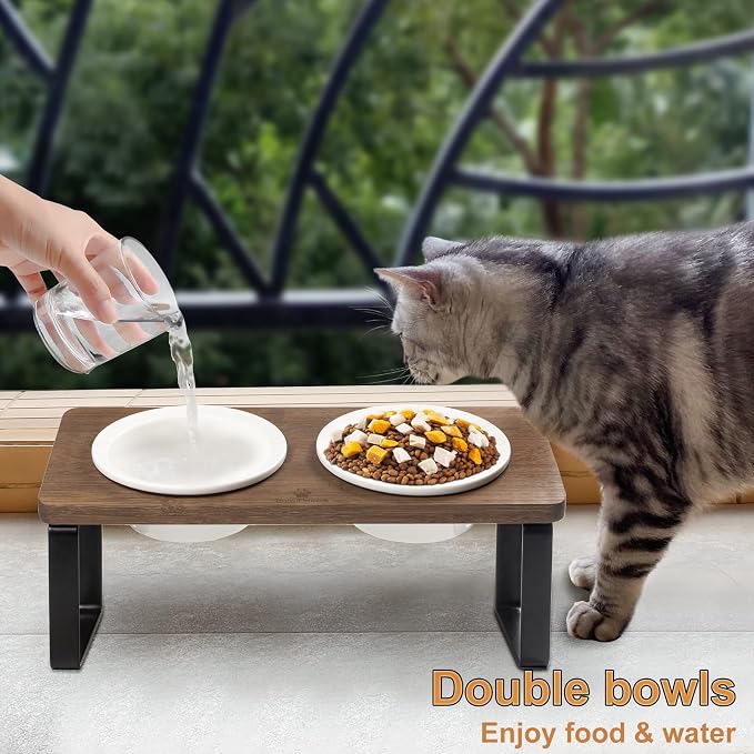 Sunhoo Ceramic Elevated Cat Bowls Raised Puppy Dishes for Food and Water Tilted Wooden Stand for Indoor Cats 5.5 inch Wide Double Dish Orthopedic Reduces Vomiting (Brown) - Image 3