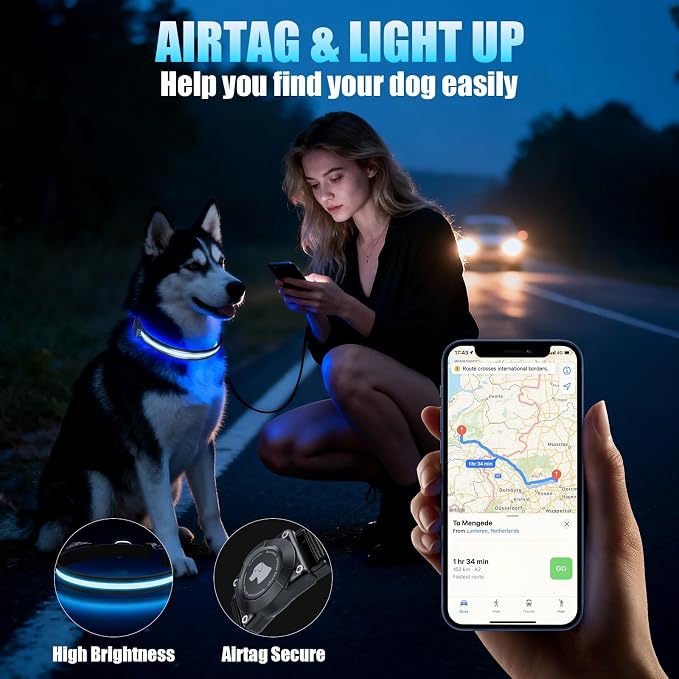 LED AirTag Dog Collar - Brightest Light Up Dog Collars, Black L | IP68 Waterproof Air Tag Dog Collar Holder, 1,600 Feet of High Visibility, Magnetic Charging, Dog Lights for Night Walking - Image 4