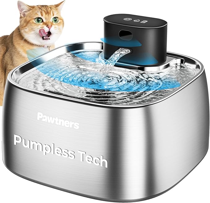 Pawtners Pumpless Cat Water Fountain Stainless Steel 108oz/3.2L, 3 Modes | Automatic Cordless Pet Water Dispenser,Easy Clean,Silent Smart Host,150°Sensor,Motion/Timed/Continuous Mode by Pawtners
