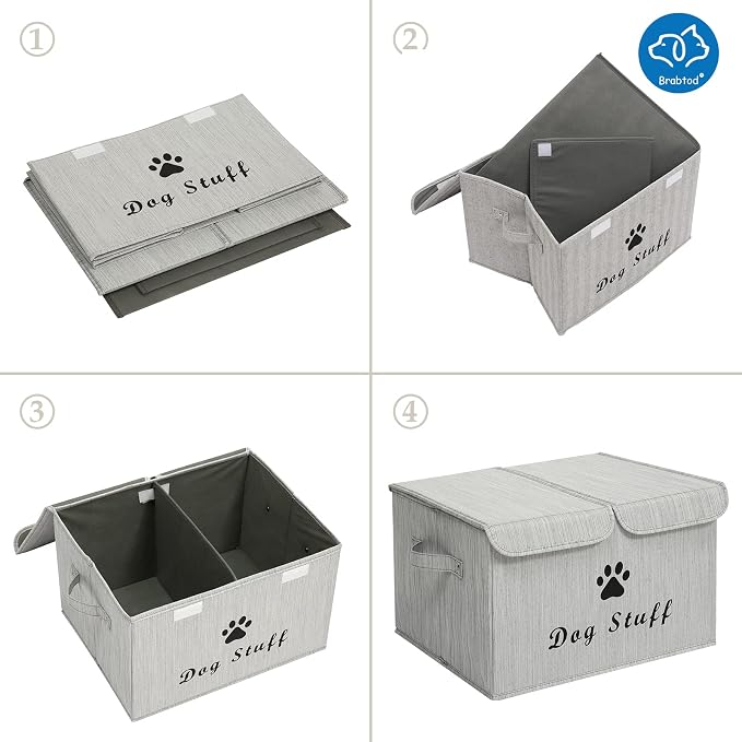 Large Dog Toys Storage Box Canvas Storage Basket Bin Organizer with Lid - Collapsible Linen Bin Ideal for Organizing Dog Cat Toys and pet Stuff-PP Boad-17" x 12" x 10" - Slub Gray - Image 5