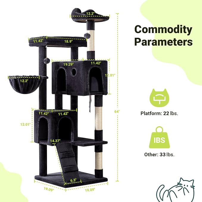 Allewie 64 Inches Multi-Level Cat Tree Tower for Indoor Cats, Dark Grey | Activity Center for Big Felines, 2 Plush Condos, 2 Perches, Cozy Basket, House, Sisal Scratching Posts, Hanging Cat Toys - Image 3