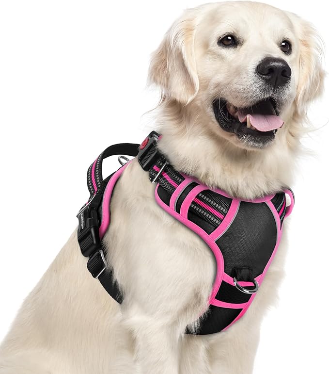 rabbitgoo Dog Harness for Large, No Pull 3 Buckles Easy On & Off | Soft Padded, Walking with Control Handle, Adjustable and Reflective, Black & Pink, X-Large by rabbitgoo