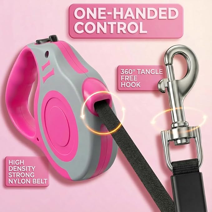 Retractable Dog Leash Lightweight 10/16FT Leash with Non-Slip Handle, for Small Medium Dogs (Gray Pink, 16 FT) | with Non-Slip Handle for Small Dogs Puppy (Gray Pink, 10FT) - Image 2