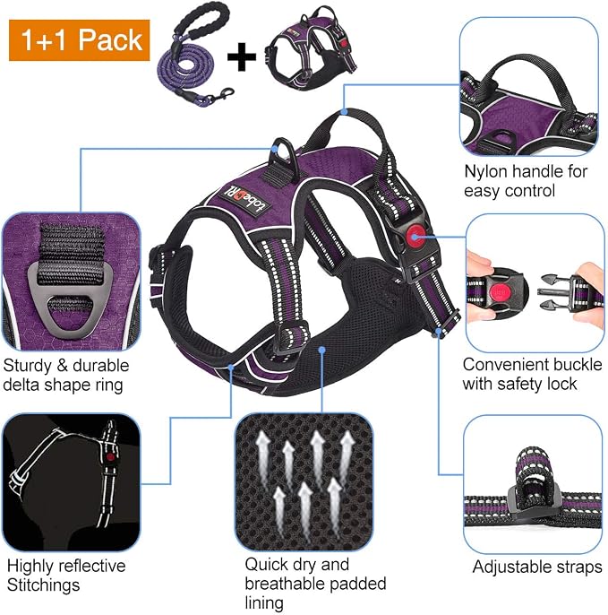 tobeDRI No Pull Dog Harness Adjustable Reflective Oxford Easy Control Medium Large Dog Harness with A Free Heavy Duty 5ft Dog Leash, Purple, L - Image 3