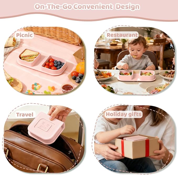 Pink Silicone Foldable Baby Feeding Set, Baby Travel Essential Including Toddler Plates, Spoon&Fork, Adjustable Foldable Bib, Portable Infant Toddler Utensils - Image 6