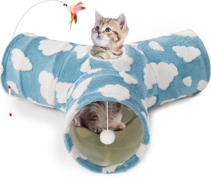 Tempcore Flannel Cat Tunnel for Indoor Cats, 3 Way Collapsible Pet Play Tunnel with Teaser Wand, Peek Holes & Hanging Ball, Interactive Tube for Kittens & Rabbits, Blue Cloud by Tempcore