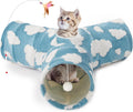 Tempcore Flannel Cat Tunnel for Indoor Cats, 3 Way Collapsible Pet Play Tunnel with Teaser Wand, Peek Holes & Hanging Ball, Interactive Tube for Kittens & Rabbits, Blue Cloud by Tempcore