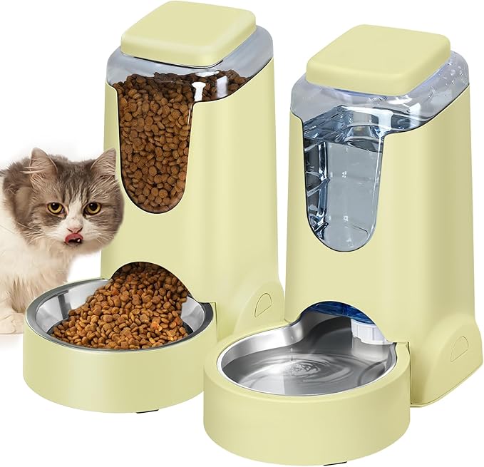 HWONMTE Portable Automatic Cat Feeder and Water Dispenser with Stainless Steel Bowl Dog Gravity Food Feeder and Waterer for Small Medium Pets Puppy Kitten 1 Gallon x 2 (Cream Yellow) by HWONMTEPETFEEDER