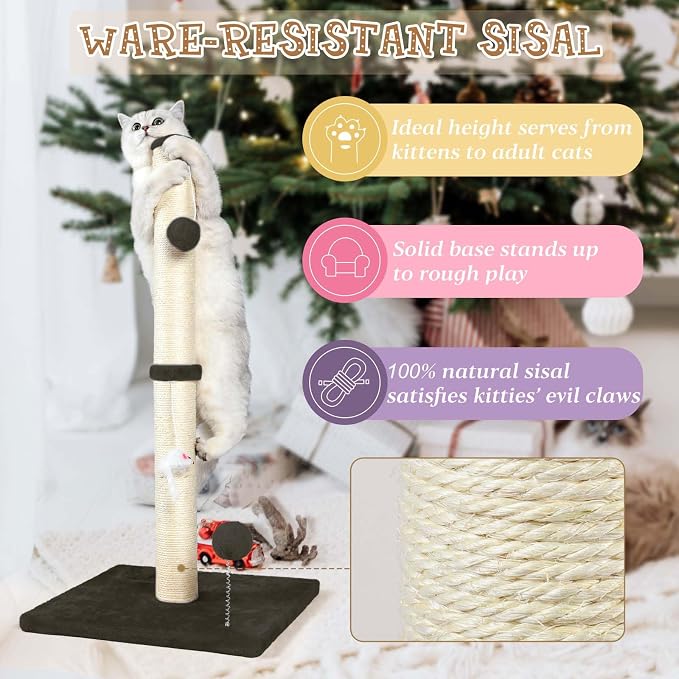 ANWA 32" Tall Sisal Cat Scratching Posts Tree for Indoor Cats Adults, Brown | Sisal Cat Scratcher, Small Space, Cat Post with Dangling Plush Toys for Indoor Cats, 15.7" Stable Base, Cat Furniture - Image 5