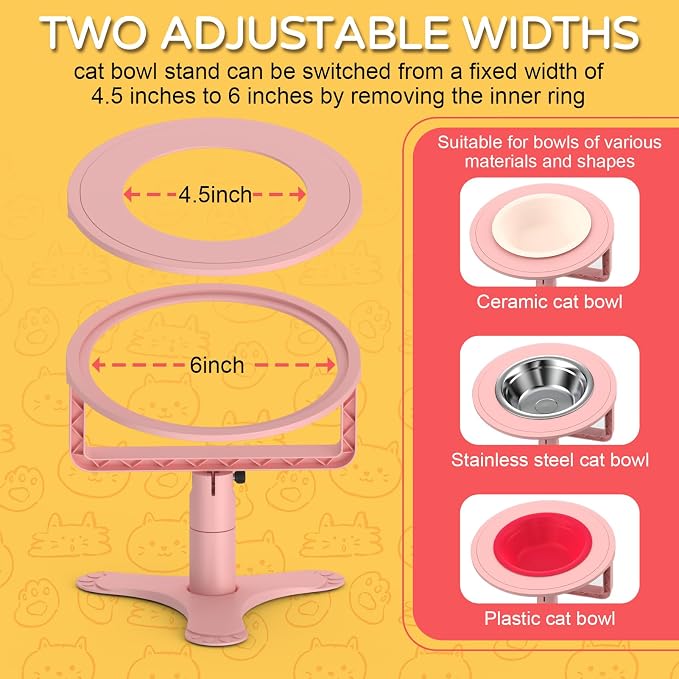 Raised Cat Bowls with Height-Adjustable Stand 15° Tilted Cat Food Bowls Non-Slip Feeder Adjusts to 2.4", 4.02",5.98" with Stainless Steel Bowls Whisker Friendly for Cats and Puppy (Pink) - Image 3