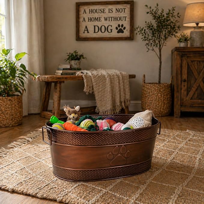 BREKX Copper Metal Dog Toy Storage Bin, Indestructible, Large | Toy Box, Blanket & Leash Organization • Handles - Image 5