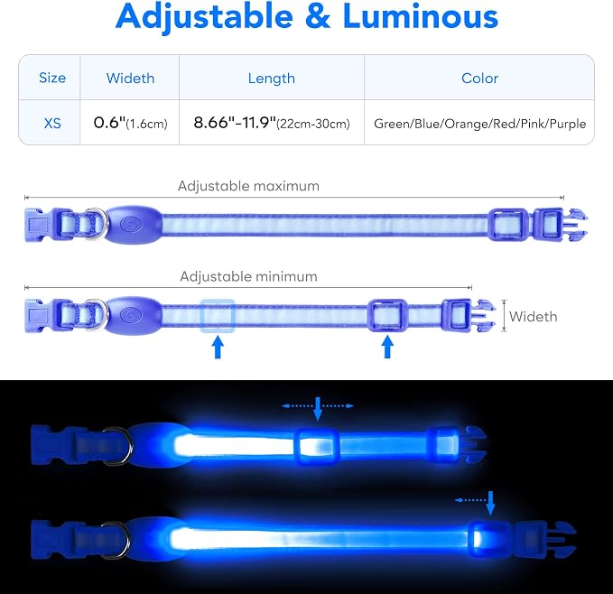 Light up Collar for Small Dog,Vizpet XS Adjustable Size Nylon Led Collar | USB Rechargeable Bright Safety Pet Collar for Cats Small Dogs (Blue, X-Small[ 8.66-11.9 inch/22cm-30cm]) - Image 5