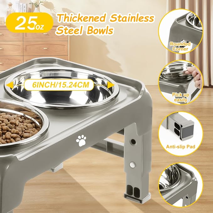 Elevated Dog Bowls 3 Height Adjustable Raised Bowl Stand with 25oz Stainless Steel Dog Food Bowls Anti-Slip for Small Dogs Adjusts to 7.5", 6", 2.75", Grey - Image 4