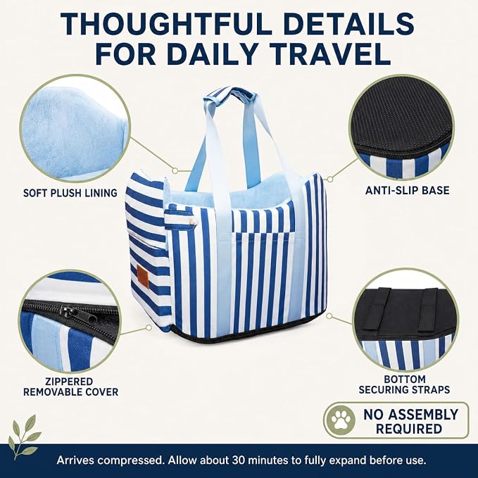Console Dog Car Seat for Small Dogs to 15lbs (Blue& White Stripes) | Center Console Puppy Booster and Portable Travel Bed, Anti-Collapse Design with Washable Fluffy Cushion - Image 6