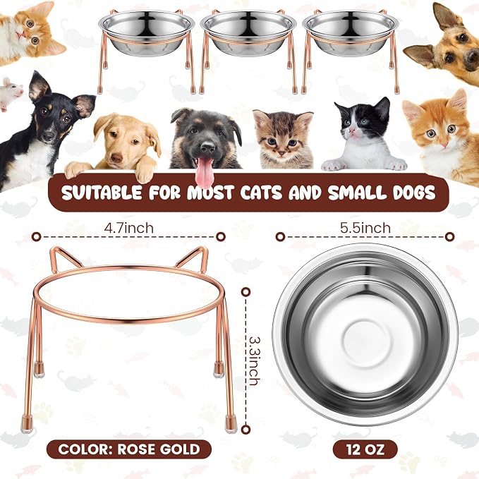 6 Sets Stainless Steel Elevated Cat Bowls 5.5 Inch Wide Raised Cat Bowls with Metal Stand Stress Free Elevated Shallow Water Dish Indoor Kitten Feeding Dish to Prevent Fatigue, 12 oz - Image 2