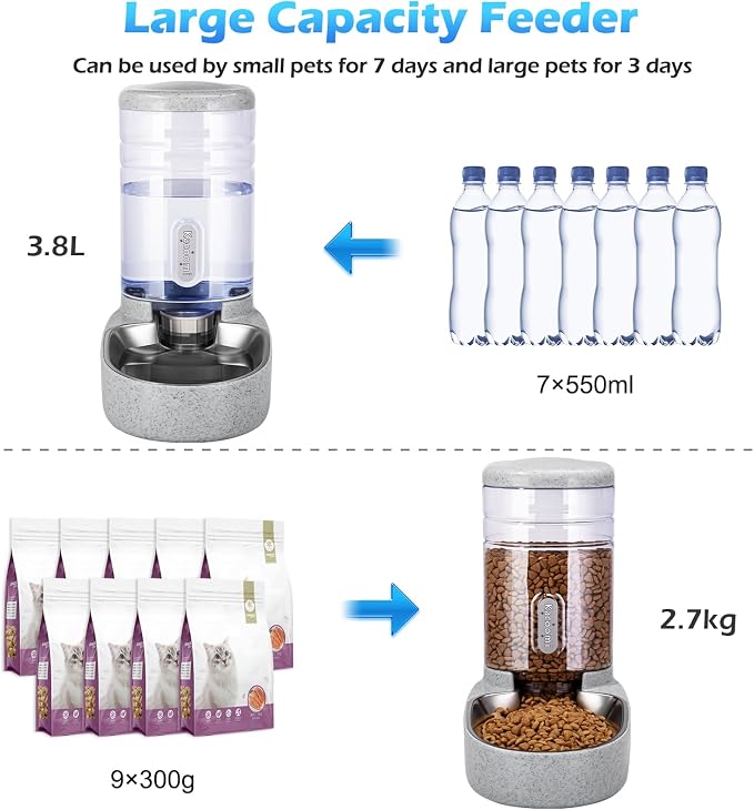 Automatic Cat Feeder and Water Dispenser with Stainless Steel Bowl Gravity Food Feeder and Waterer Set for Small Medium Dog Puppy Kitten 1 Gallon x 2(Grey) - Image 3