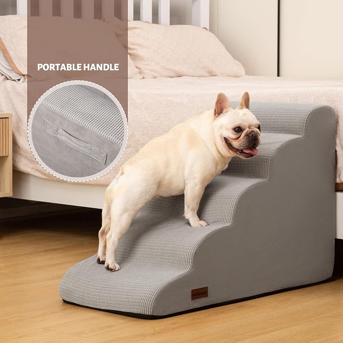 Aodisman Dog Stairs for High Bed,5-Step Pet Ramp for Small Dogs and Cats | 22.2" H Dog Steps for Bed with High-Density Foam, Help Olders,Short-Legged Dogs,Puppy and Cats Get on Beds Easily,Light Grey - Image 2