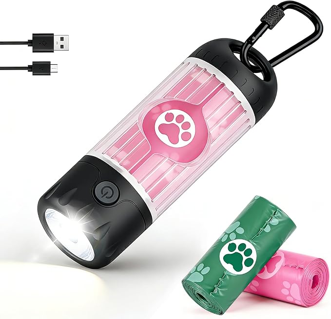 Dog Poop Bag Holder with Flashlight 7-Color, USB-C Rechargeable Poop Bag Displenser for Leashes, IPX6 Waterproof Anti-Slip Clip Pet Waste Bag Holder for Walking (1 Dispenser, 30 Bags) by Yesbular