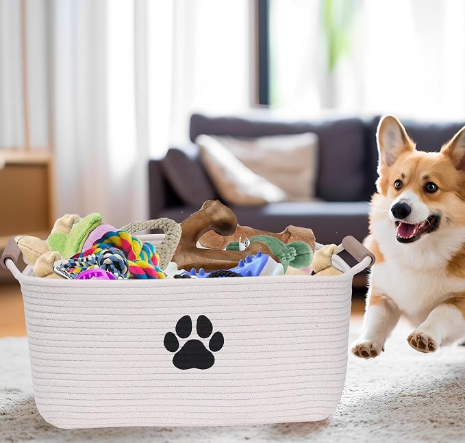 Geyecete dog toy basket Cotton Rope dog toy box with wood handle pet toy bin Blanket Storage Basket Decorative Clothes Hamper Basket Large Baskets - Image 7