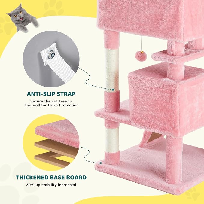 Sweetcrispy 54-inch Cat Tree Tower with Scratching Posts, Indoor Use | Multi Level Indoor Cat Tree Condo with Climbing Ladder, Plush Toy, Play House for Kitten, Pink - Image 4