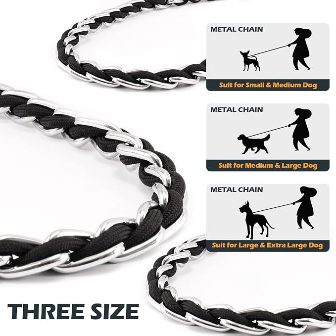 S-ETOVUS-Chain Dog Leash, Bite-Proof Metal Leash, with Padded Handle，Black | Three Sizes 7.25FT/5.2FT/4FT, Woven From Nylon Rope And Chain, Durable And Bite-Resistant, Comfortable With Padded Handles - Image 8