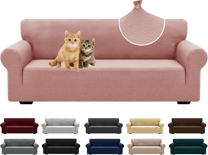 XINEAGE Stretch Jacquard Sofa Cover, Non Slip Sofa Slipcover for Dog | High-Stretch Fabric. Wear-Resistant, Pet Friendly. Easy Install & Washable for Living Rooms, Offices.Dusty Pink by XINEAGE