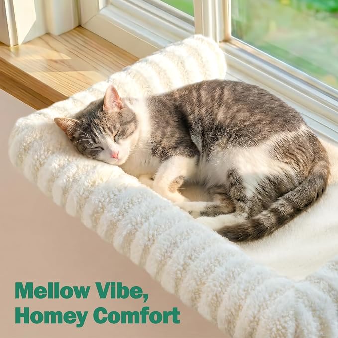 Zakkart Mellow Cat Perch for Windowsill, Hook-On or Screw-On Installation Pet Window Perch, Machine Washable Bed, Heavy Duty Cat Hammock Shelf for Large Cats, Holds up to 40 lbs (Beige, Large) - Image 2