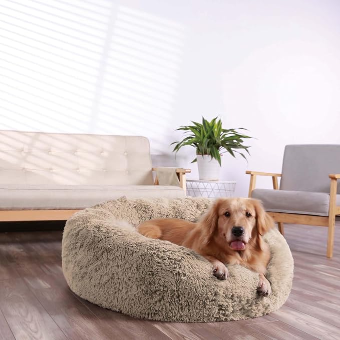 HACHIKITTY Calming Donut Cuddler Dog Bed, Round Fluffy Pet Bed with Sewn-in Cushion for Large Dogs,Washable, Taupe, XLarge 36'' by HACHIKITTY