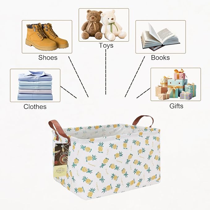 Rectangle Foldable Storage Basket Handles For Home, Pineapple | Waterproof canvas material, reinforced handles, perfect for shelf use, organizes clothes, daily items and pet supplies - Image 6