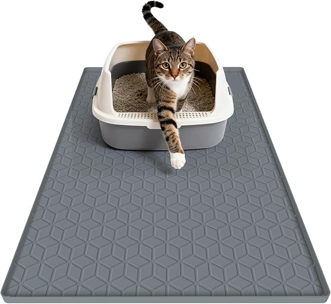 Cat Litter Mat Litter Trapping Mat, Silicone Cat Litter Box Mats for Floor, Non-Slip Litterbox Mat with Raised Edge, Easy Clean Pet Feeding Mat for Indoor Cats 34" X 22" Gray by MECHEER