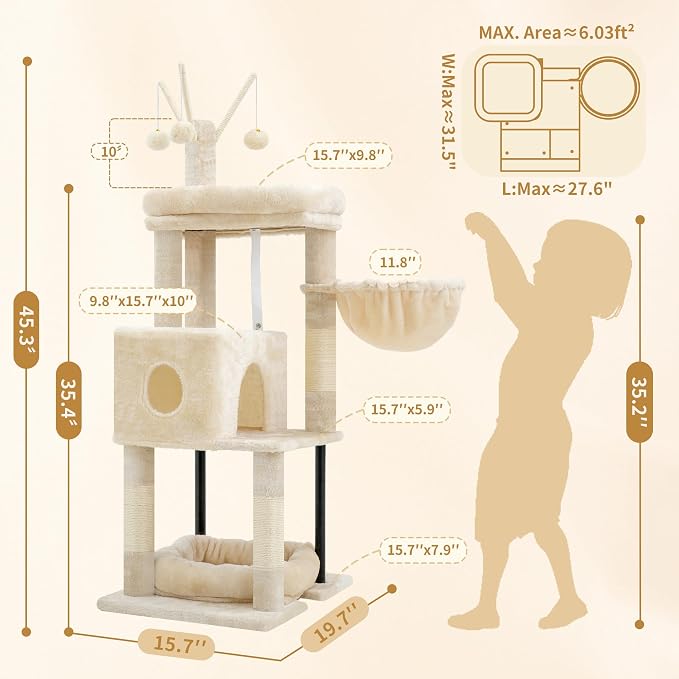 Heybly Cat Tree, 45.3" Cat Tower for Indoor Cats with Large Perch HCT202SM | All-in-One Cat Furniture with Cozy Bed, Hidden Space Cat Condo, Comfy Hammock, Scratching Posts & 3 Pompoms, Beige - Image 3