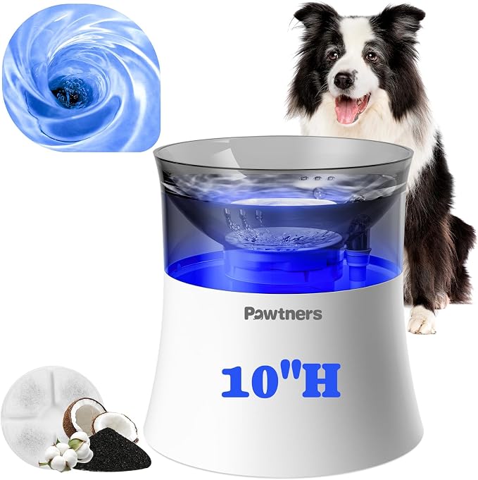 Pawtners 1 Gal/3.5L Dog Water Fountain,Elevated Dog Water Bowl Dispenser | Vortex Flow filter,Automatic Pet Water Fountain for Large Dogs Inside, Deep Drinking Area and Quiet Pump, 10" H by Pawtners