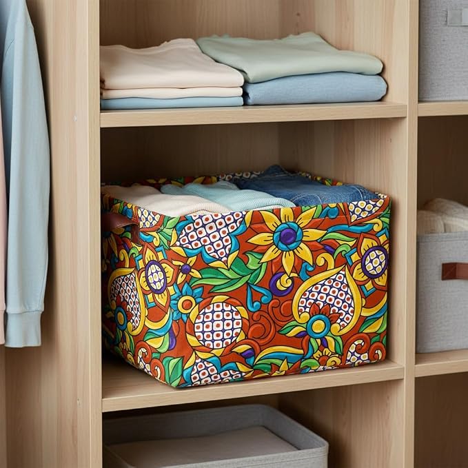 Mexican Talavera Storage Basket Waterproof Canvas Toy Storage Bin Mexican Decor Collapsible Outdoor Basket with Leather Handles Talavera Decor Blanket Baskets For Closets,Bedrooms,Gifts Baskets - Image 4